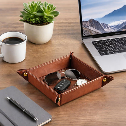 Viral Vault Roman Texture Valet Tray — PU Leather EDC Catchall & Nightstand Organizer