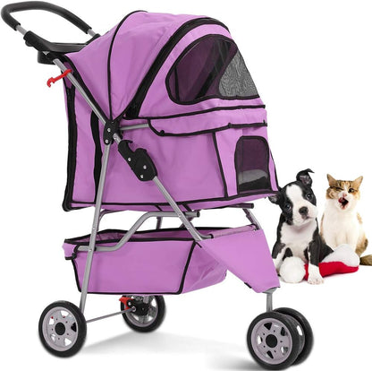 Dkeli 3-Wheel Pet Stroller, Lightweight Foldable Dog Stroller for Small Medium Dogs & Cats, Breathable Mesh & Weather Cover with Storage Basket, for Daily Walk Outdoor Travel (Black)