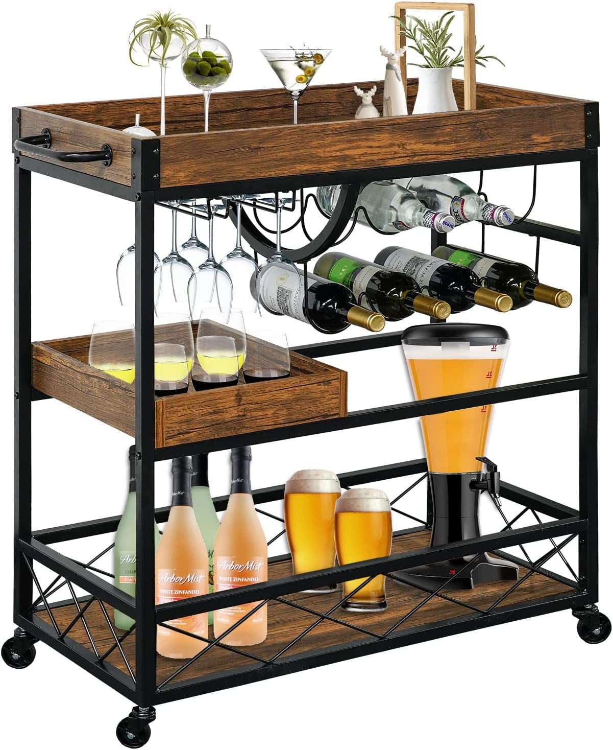Ohsuaniy Bar Cart for the Home, 3 Tire Industrial Rolling Serving Cart on Lockable Wheels, Alcoholic Beverage Trolley with 2 Removable Trays, Wine Rack and Glass Holder for Indoor, Outdoor