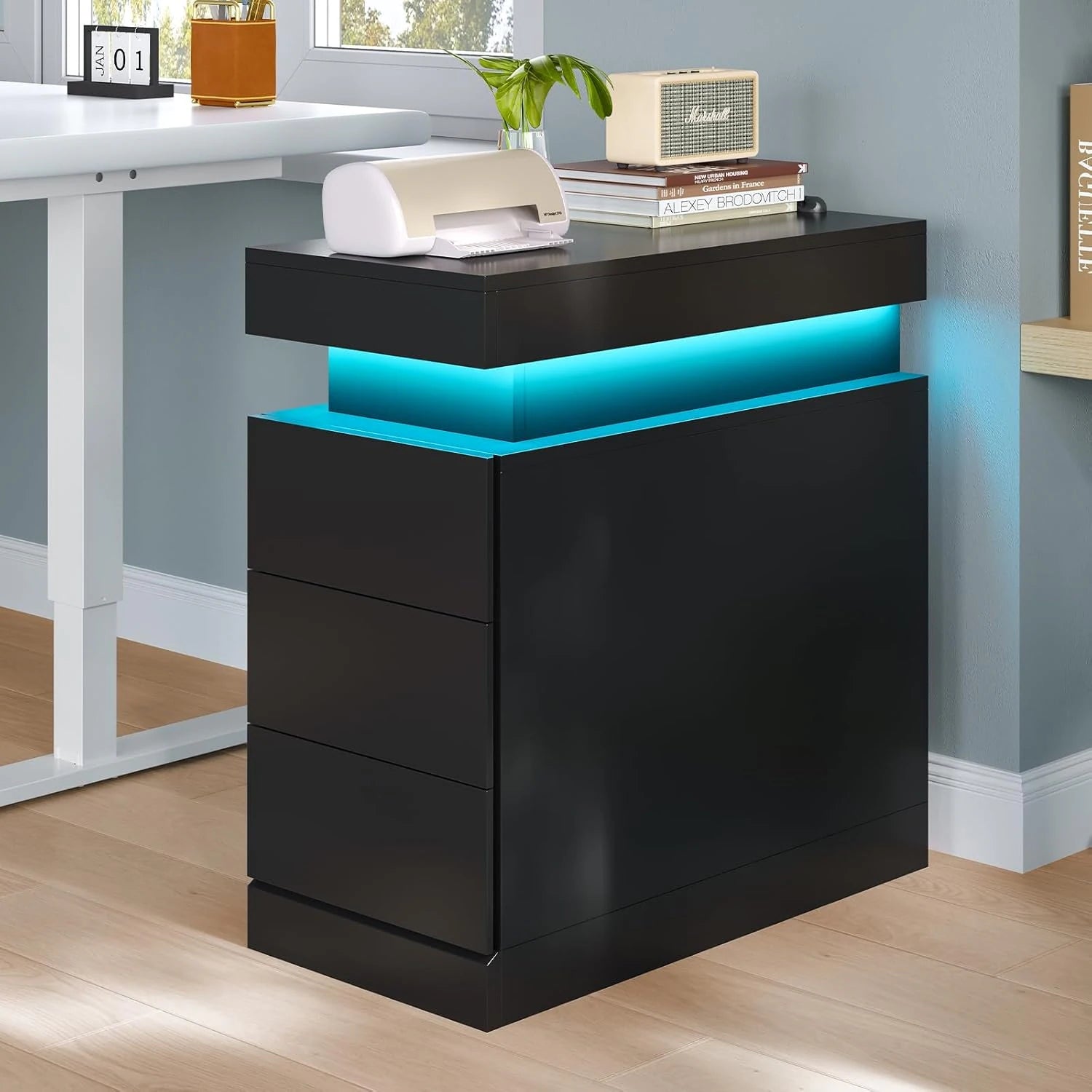 Bedroom Nightstand Charging Station LED Lights Sliding Top Drawers