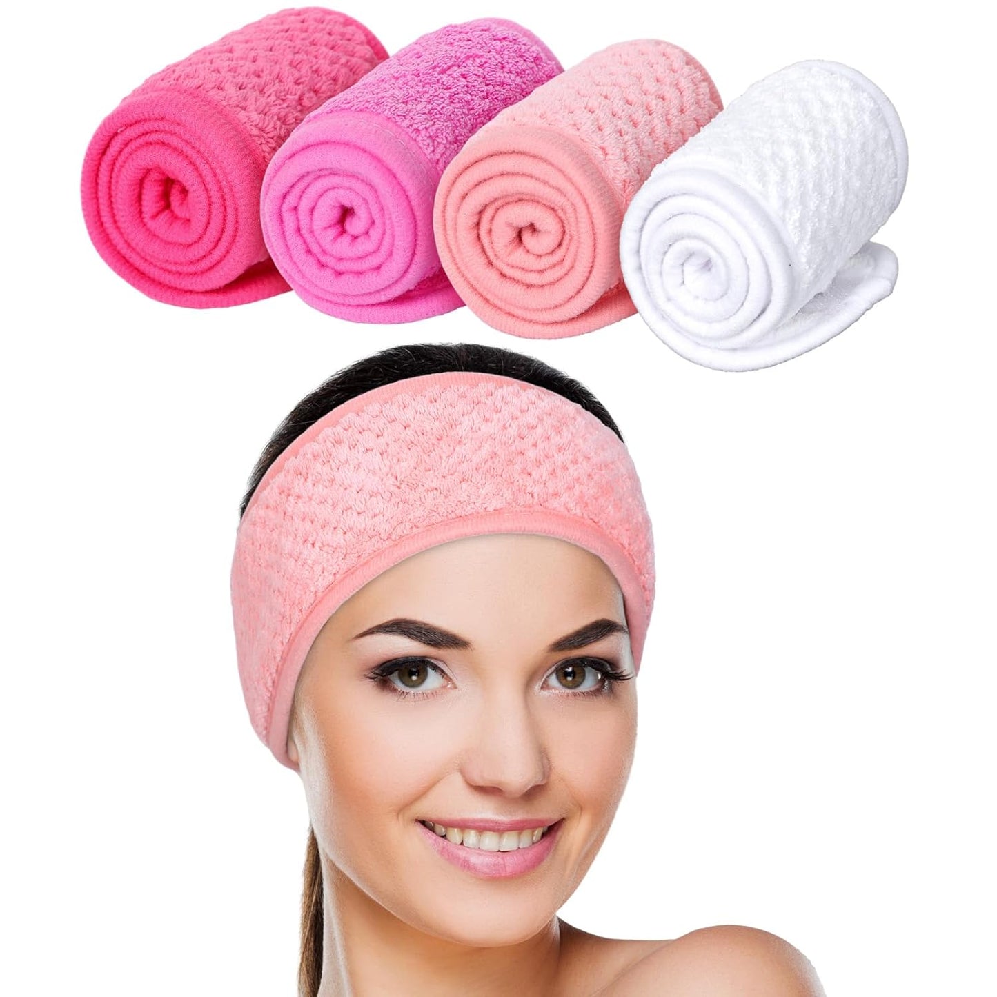 Whaline 4 Pack Spa Facial Headband, Pea Green, Pink, Beige, Light Gray | Makeup Hair Wrap, Adjustable Hair Band, Soft Towel Head Band, for Face Washing, Shower Sports Yoga