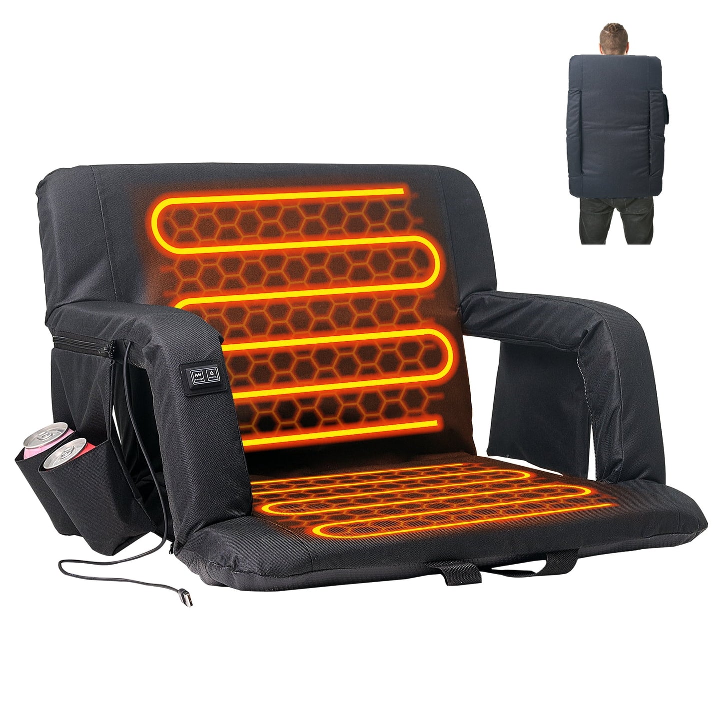 SLSY Heated Stadium Seat Bleacher Seat with Back & Arm Support, Portable 6 Reclinng Positions Stadium Seating for Bleachers, Bleacher Seats for Sports Events, Outing, Travelling, Hiking