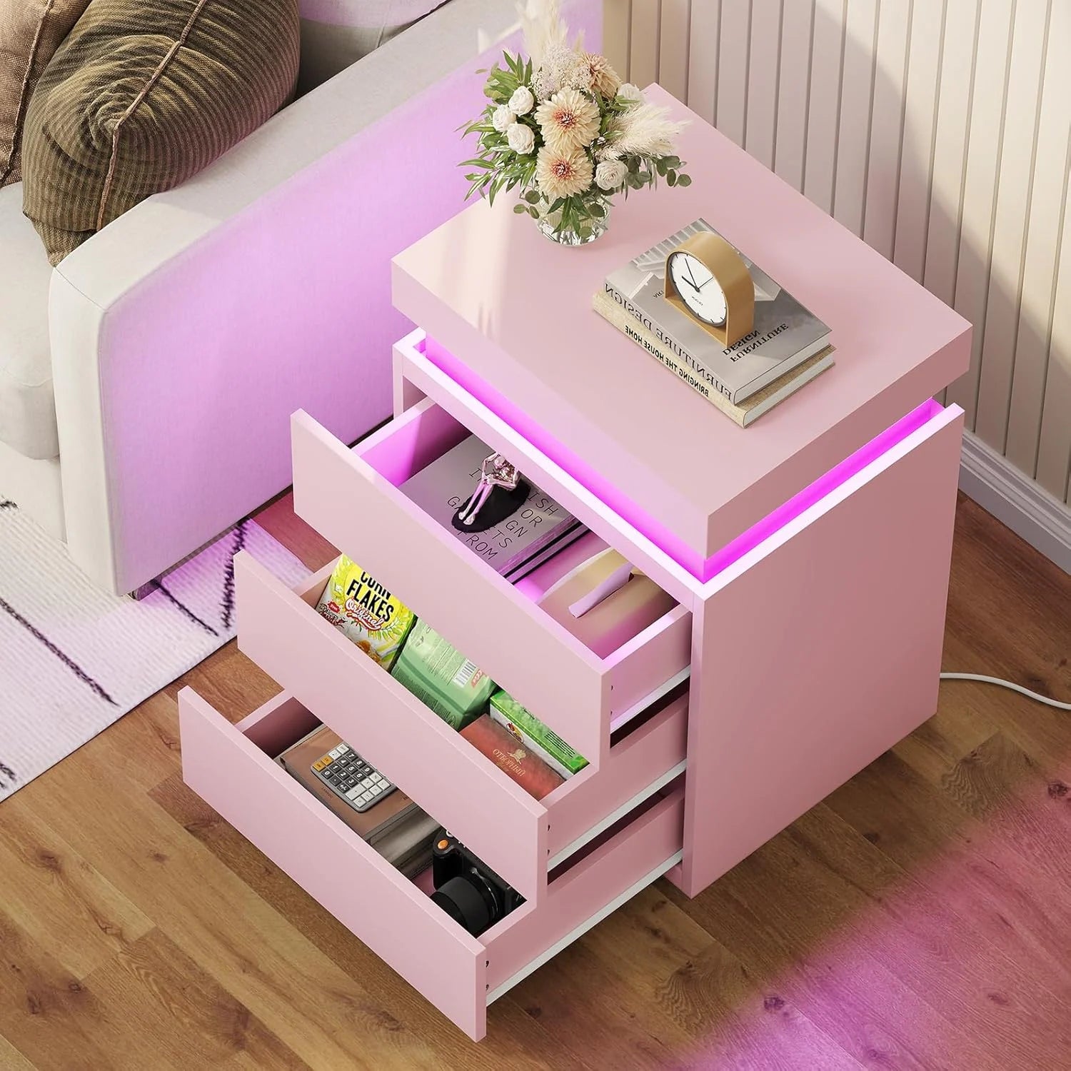 Bedroom Nightstand Charging Station LED Lights Sliding Top Drawers