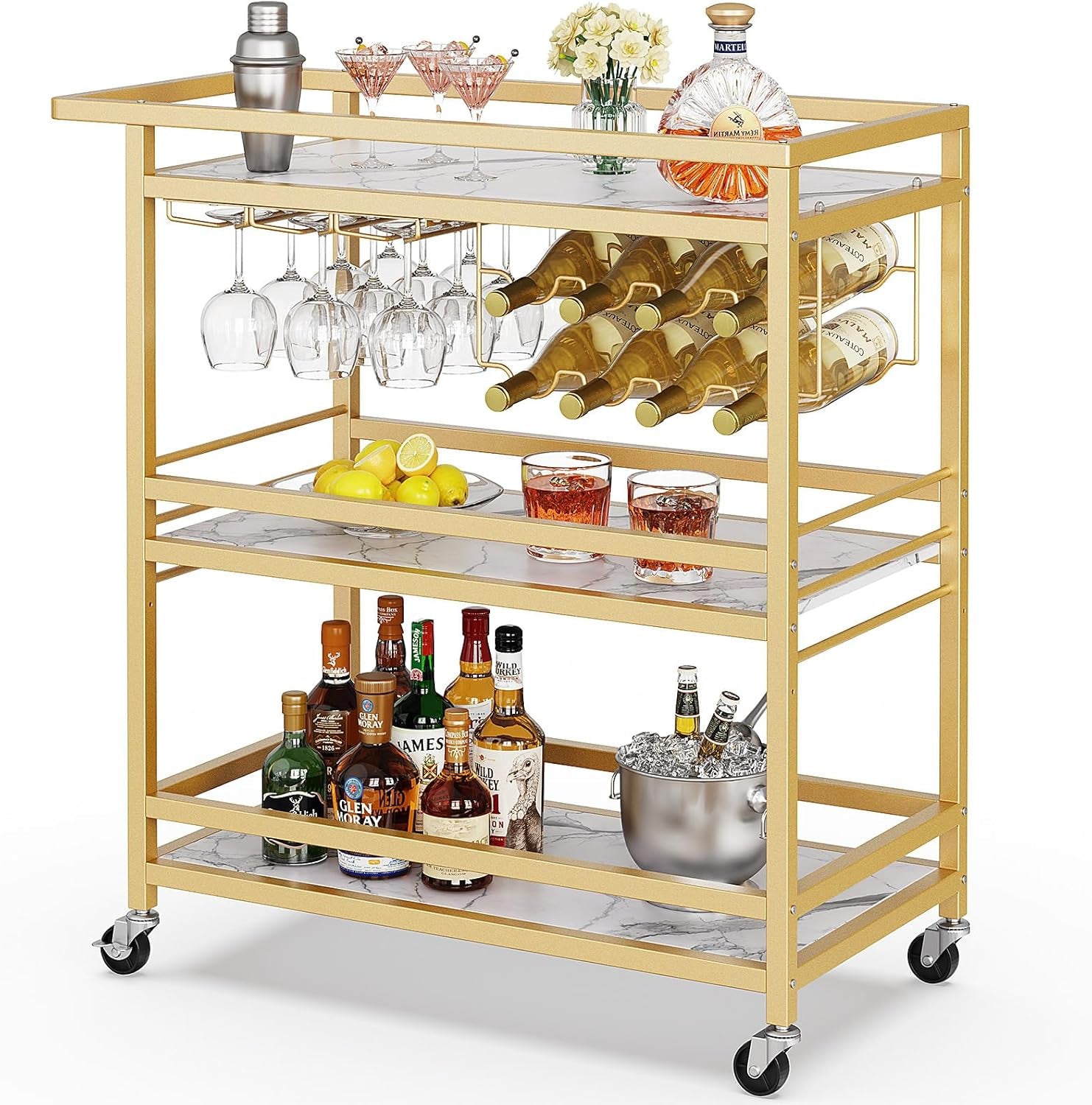Leteuke Bar Cart for Home, 3 Tier Gold Serving Rolling Carts with Wheels, Drink Cart, Liquor Stand with Marbled Wooden Shelves, Wine Rack and Glass Holder for Kitchen, Dining Room