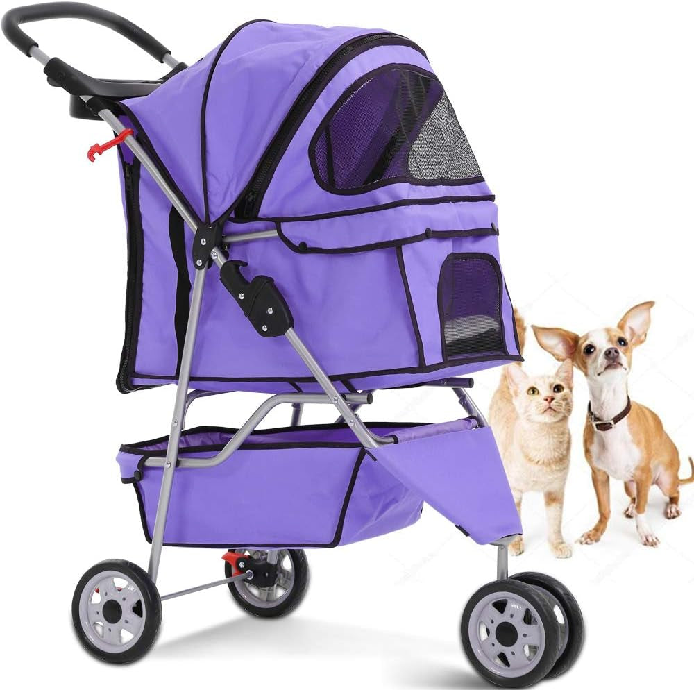Dkeli 3-Wheel Pet Stroller, Lightweight Foldable Dog Stroller for Small Medium Dogs & Cats, Breathable Mesh & Weather Cover with Storage Basket, for Daily Walk Outdoor Travel (Black)