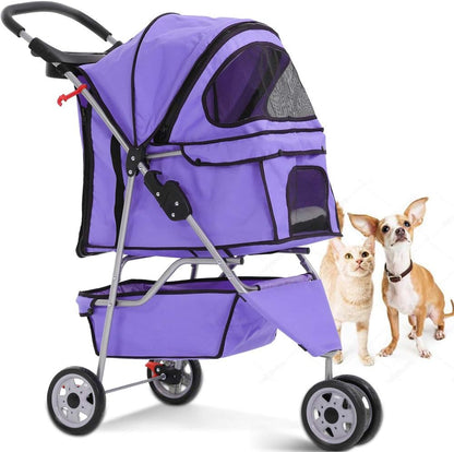 Dkeli 3-Wheel Pet Stroller, Lightweight Foldable Dog Stroller for Small Medium Dogs & Cats, Breathable Mesh & Weather Cover with Storage Basket, for Daily Walk Outdoor Travel (Black)