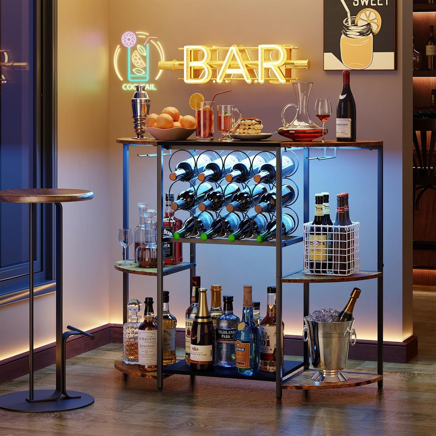 Jksmart Wine Bar Cabinet with LED Lights, Mini Wine Rack with Storage and Glass Holder, Home Bar Cart for Liquor, 3-Tier Bar Table for Kitchen, Dining Room, Living Room, Rustic Brown