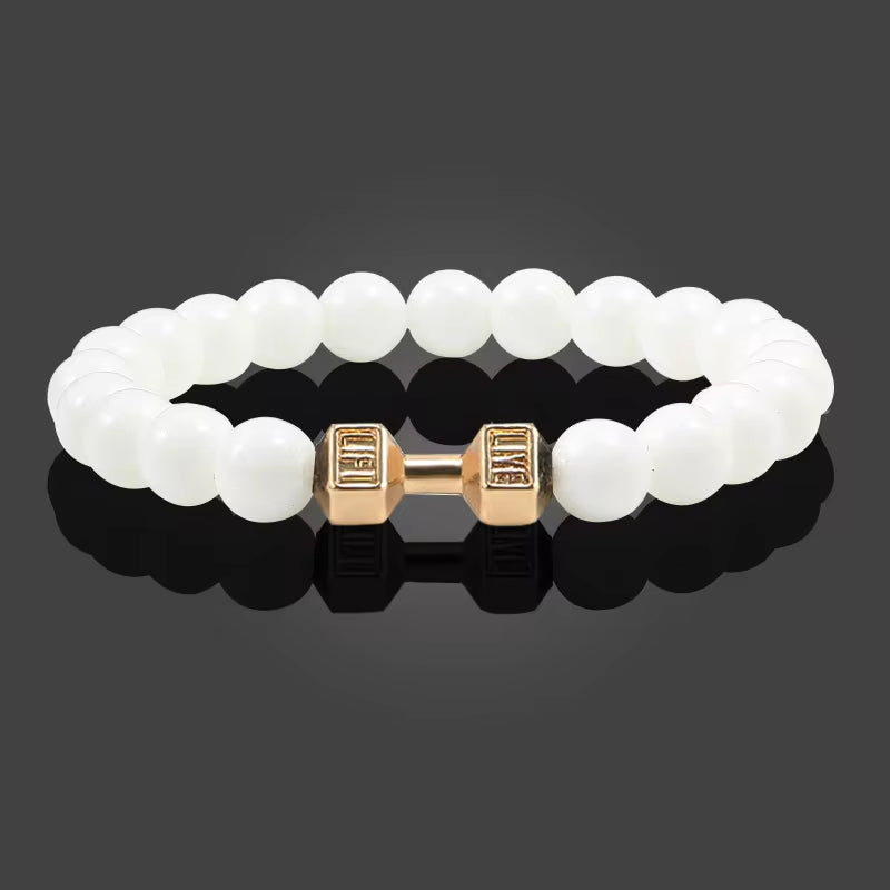 ForgeFit™ Volcanic Stone Fitness Bracelet / Natural Volcanic Stone Bracelet Men Matte Black Lave White Beads Charm Dumbbell Strand Bracelets Women Barbell Fitness Jewelry