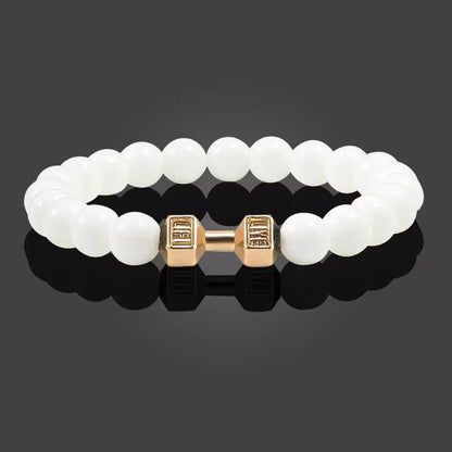 ForgeFit™ Volcanic Stone Fitness Bracelet / Natural Volcanic Stone Bracelet Men Matte Black Lave White Beads Charm Dumbbell Strand Bracelets Women Barbell Fitness Jewelry