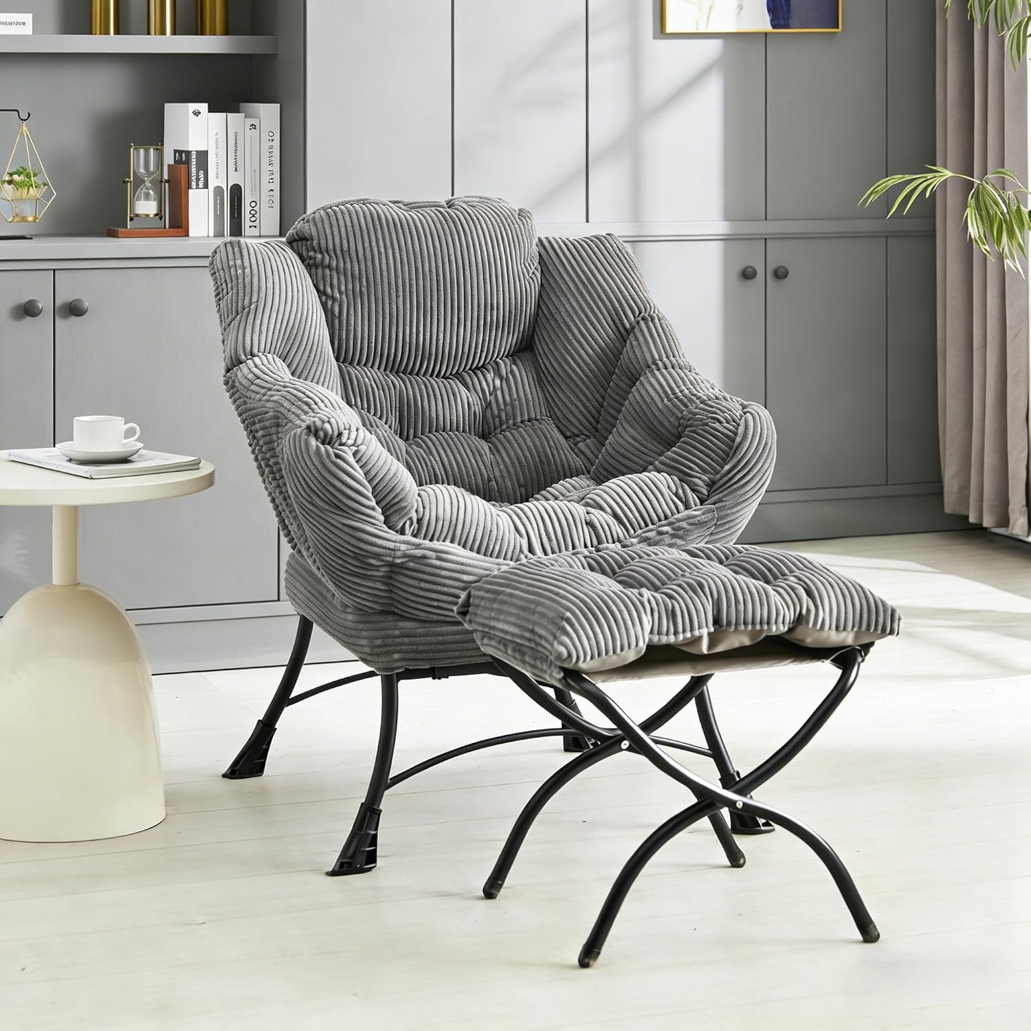Bellemave Lazy Chair with Ottoman, Lounge Accent Chair with Armrests and Side Pocket, Leisure Upholstered Sofa Chairs with Footrest for Small Space, Reading Chairs for Living Room, Bedroom (Grey)
