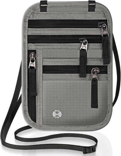 RFID-Blocking Travel Neck Wallet – Passport Holder with 5 Compartments