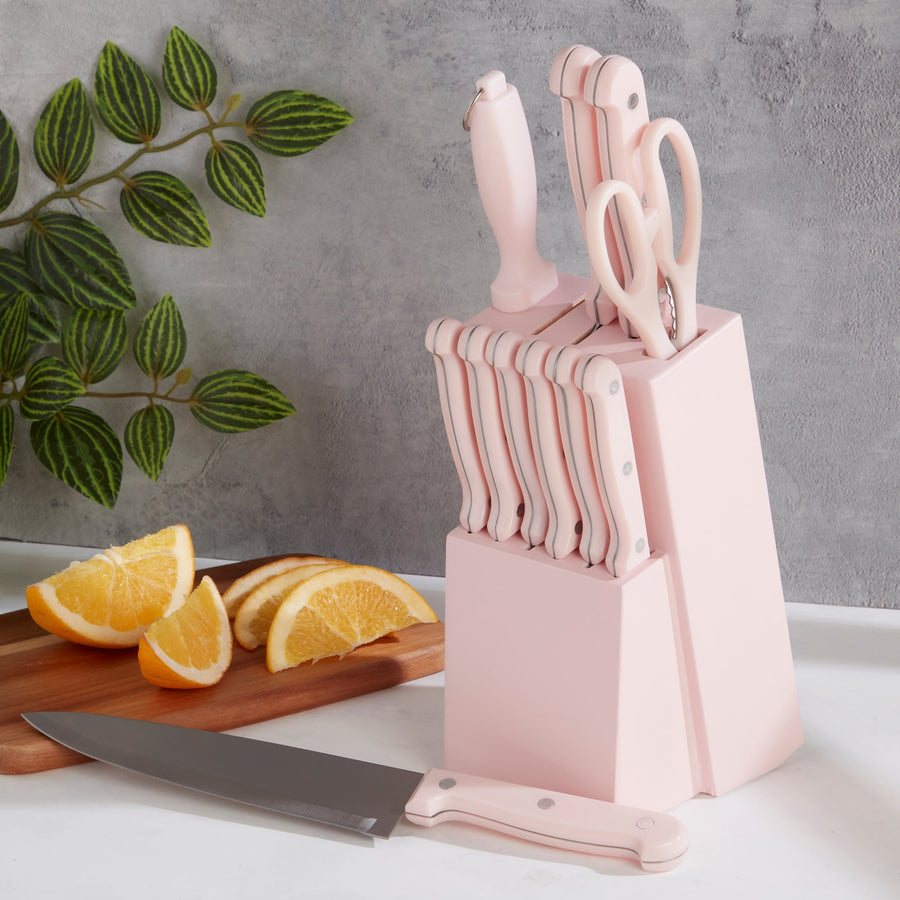 Basic Essentials 12-Piece Stainless Steel Kitchen Knife Set with Wood Block