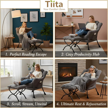 Tiita Lazy Chair with Ottoman, Modern Large Accent Lounge Chair, Leisure Sofa Armchair with Ottoman, Reading Chairs with Footrest for Bedroom, Living Room, Dorm Rooms, Garden
