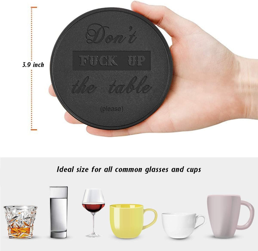 Funny Coasters, Thipoten 6 Pcs Leather Coasters with Holder, Perfect Housewarming Hostess Gifts, Protect Furniture from Water Marks Scratch and Damage(6Pcs, Black)