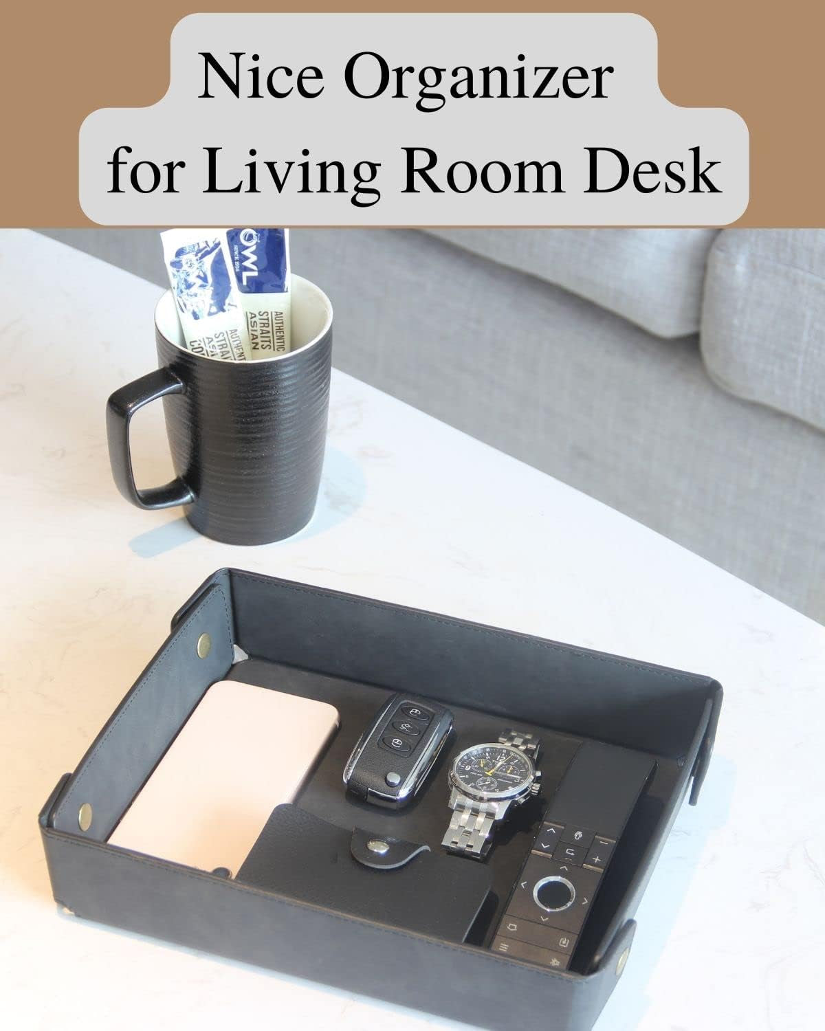 CASIRENA Faux Leather Valet Tray Organizer for Men - Catch-All Tray for Entryway Table Key, Wallet, Watch, Coin Change, Phone, Dresser EDC Dump Jewelry, Bedside Nightstand Desk-Top