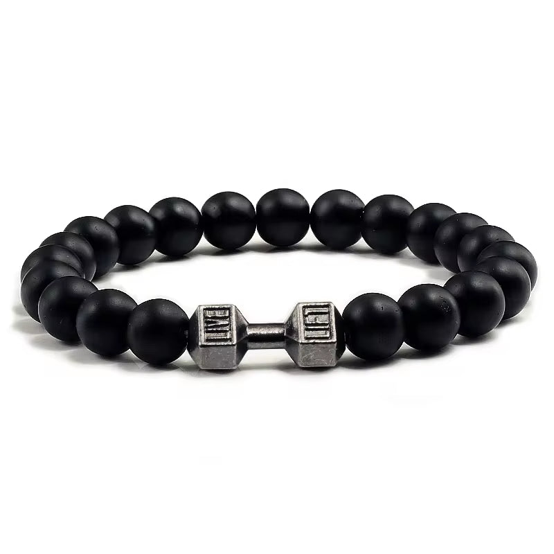 ForgeFit™ Volcanic Stone Fitness Bracelet / Natural Volcanic Stone Bracelet Men Matte Black Lave White Beads Charm Dumbbell Strand Bracelets Women Barbell Fitness Jewelry