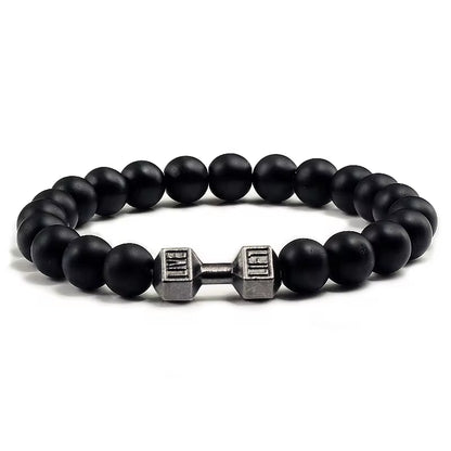 ForgeFit™ Volcanic Stone Fitness Bracelet / Natural Volcanic Stone Bracelet Men Matte Black Lave White Beads Charm Dumbbell Strand Bracelets Women Barbell Fitness Jewelry