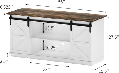YESHOMY Farmhouse TV Stand for Televisions up to 65 Inches, Sliding Barn Doors and Storage Cabinets, Console Table and Media Furniture for Living Room, 58 Inch, Milk White