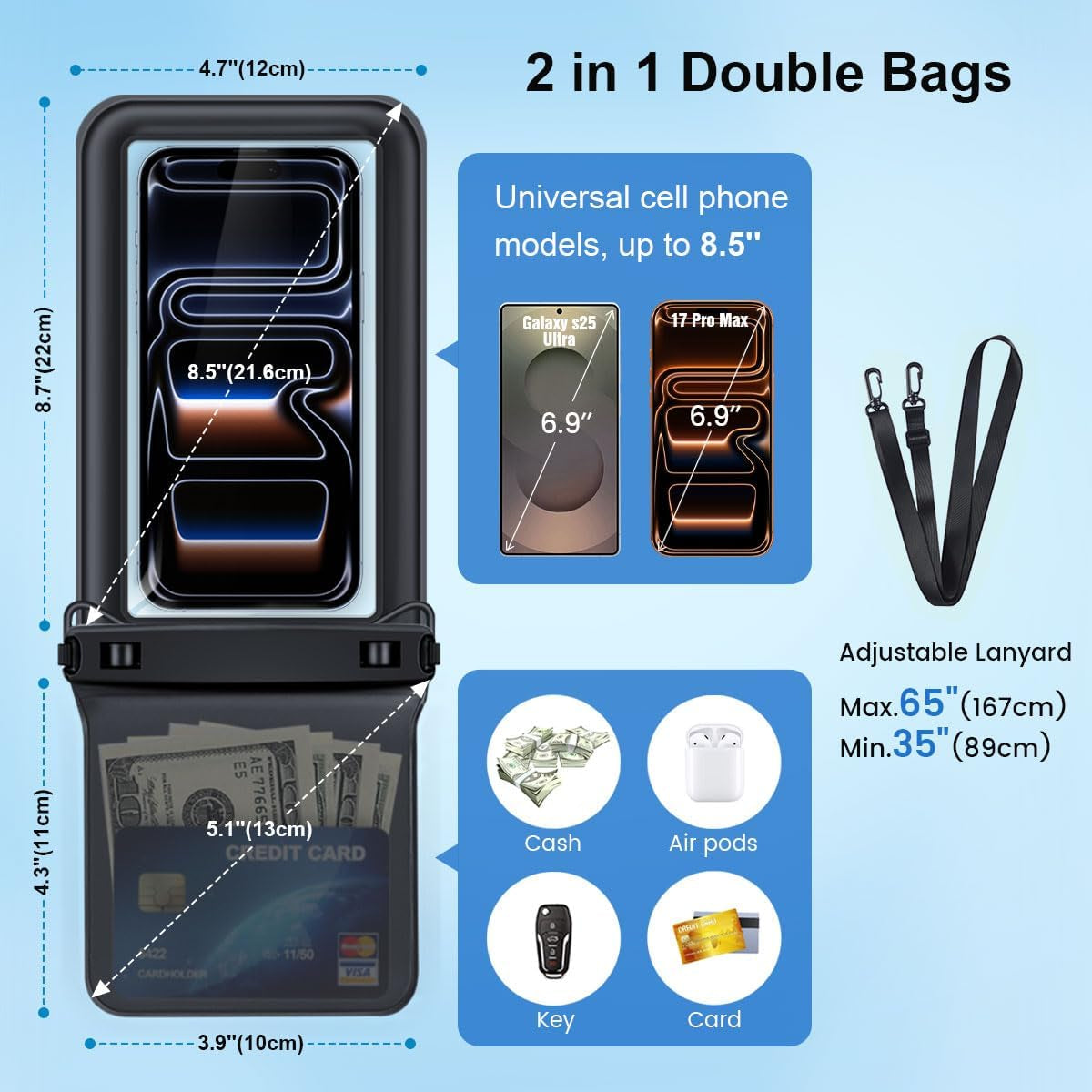 [Up to 8.5''] Floating Waterproof Phone Pouch 2 Pack, IPX8 Double Space Waterproof Phone Case with Lanyard for Iphone 17 16 15 Pro Max, Galaxy S25 Ultra, Cellphone Dry Bag Beach Cruise Ship Essentials
