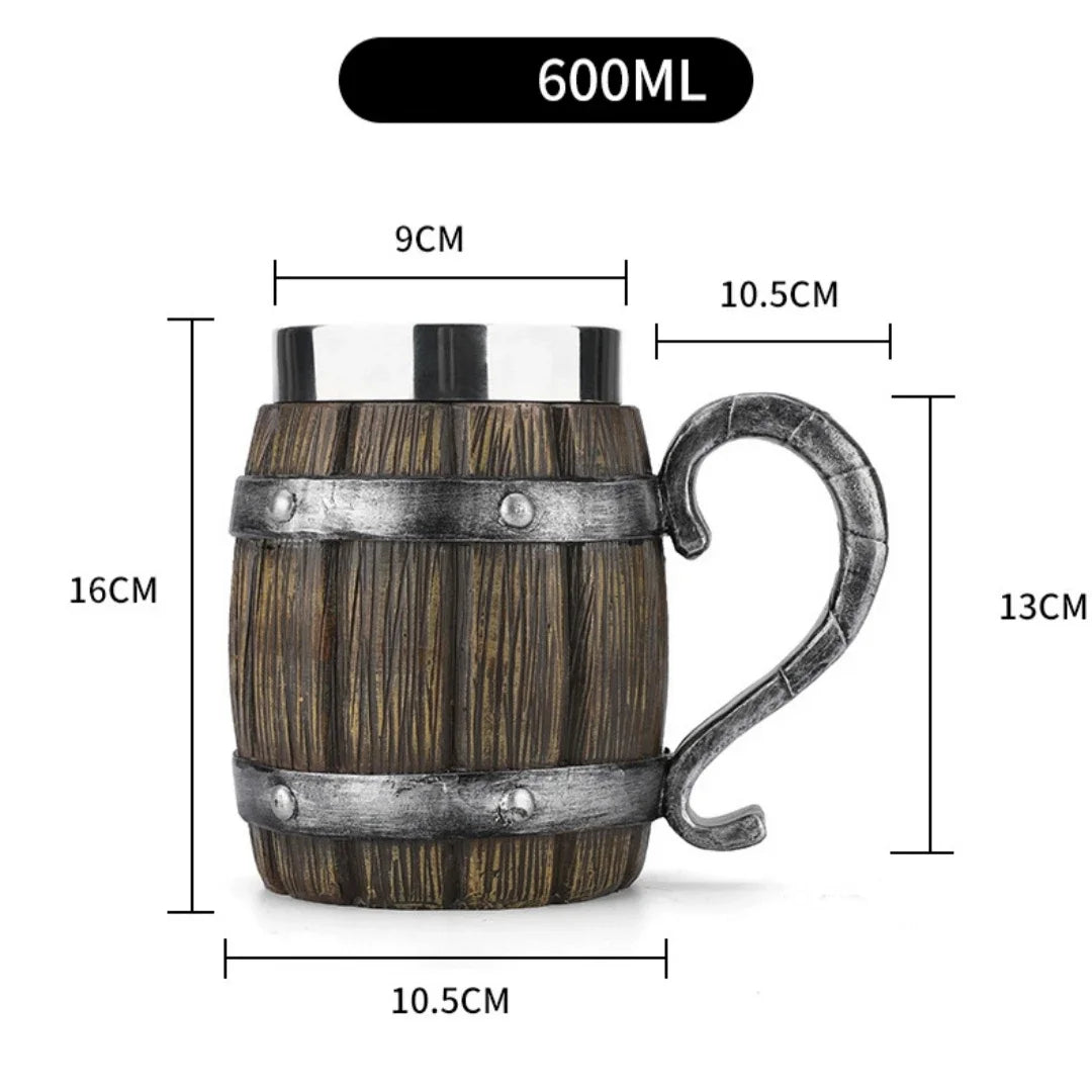 Viking Wood Style Beer Mug 3D Resin Stainless Steel Coffee Cup Wine Glass Metal Double Wall Mug Beer Jug Cup Thermal