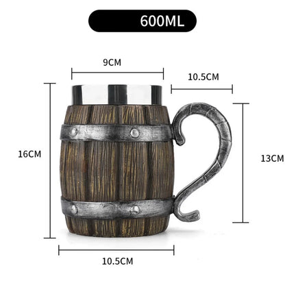 Viking Wood Style Beer Mug 3D Resin Stainless Steel Coffee Cup Wine Glass Metal Double Wall Mug Beer Jug Cup Thermal