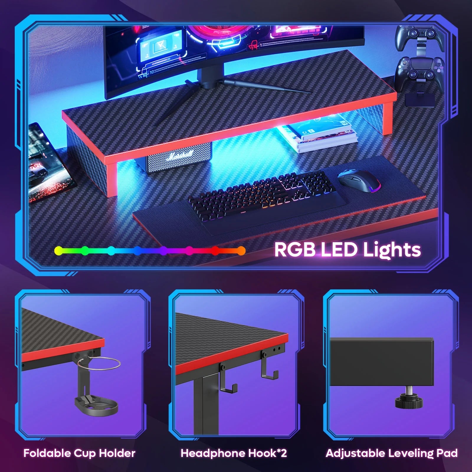 Bestier 42" Gaming Desk PC Computer Office Gamer Table Desk with LED Lights & Monitor Stand in Red