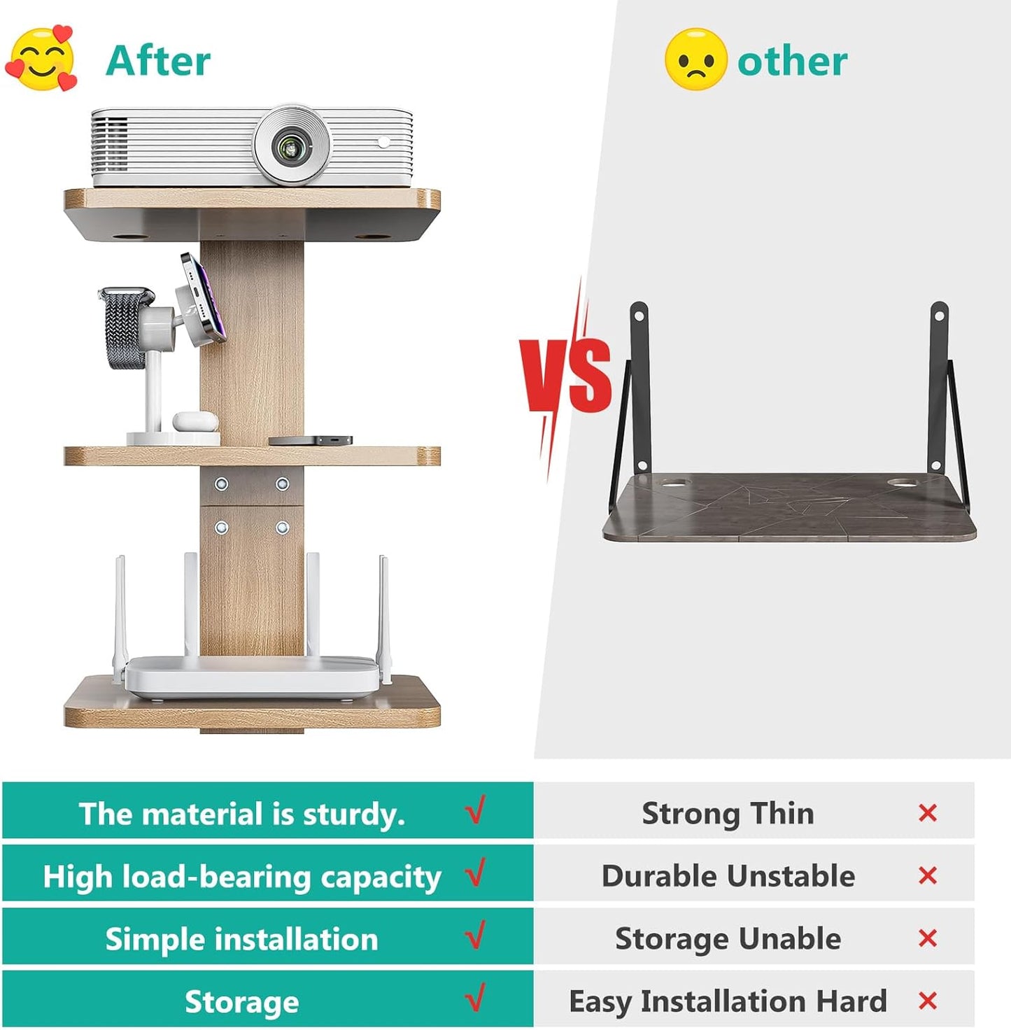 Floating TV Shelves for Wall, Projector Shelf Holds up to 22Lbs, Wooden Wall Mounted Shelves for DVD Players, Cable Boxes,Game Consoles, Living Room Decor Accessories (CS303N), 3 Shelf, Wood