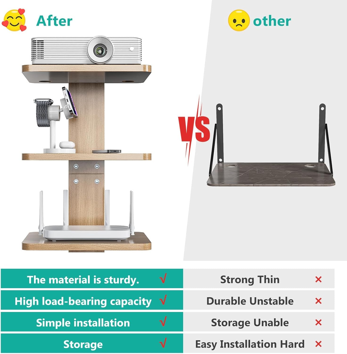 Floating TV Shelves for Wall, Projector Shelf Holds up to 22Lbs, Wooden Wall Mounted Shelves for DVD Players, Cable Boxes,Game Consoles, Living Room Decor Accessories (CS303N), 3 Shelf, Wood