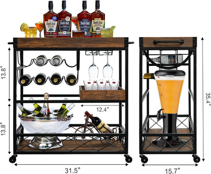 Ohsuaniy Bar Cart for the Home, 3 Tire Industrial Rolling Serving Cart on Lockable Wheels, Alcoholic Beverage Trolley with 2 Removable Trays, Wine Rack and Glass Holder for Indoor, Outdoor