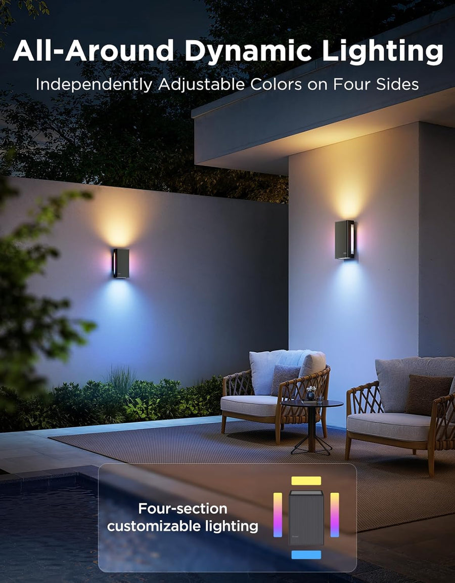 Govee Outdoor Updown Wall Light, 2 Pack, 1200LM RGBICWW Smart Porch Lights Outdoor with 64 Scene Modes, IP66 Waterproof Wall Sconce for Outdoor Decor, Works with Alexa, Google Assistant and Matter