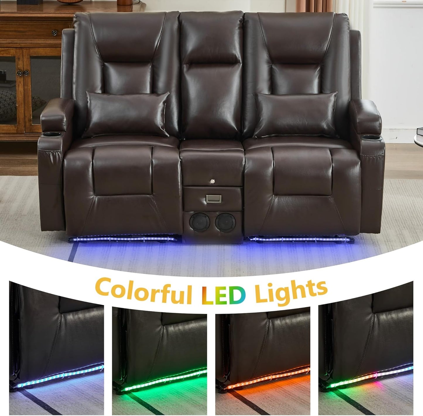 URRED Power Loveseat Recliner Sofa with Center Console, Wall Hugger RV Reclining Couch, Home Theater Seating with LED Lights, Bluetooth Speakers, USB Ports, Outlets, Cup Holders, Side Pockets (Coffee)