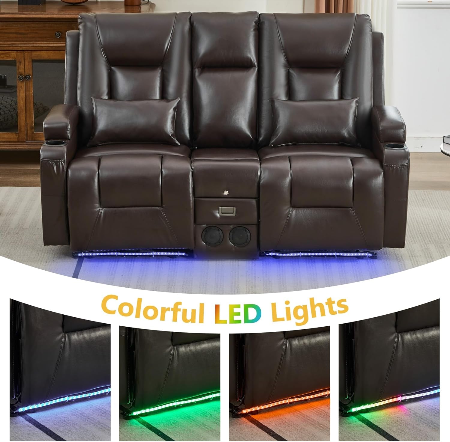 URRED Power Loveseat Recliner Sofa with Center Console, Wall Hugger RV Reclining Couch, Home Theater Seating with LED Lights, Bluetooth Speakers, USB Ports, Outlets, Cup Holders, Side Pockets (Coffee)