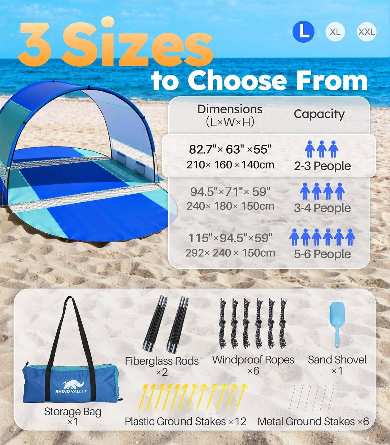 Rhino Valley Beach Tent with Double Zippered Doors, Beach Tent Sun Shelter with UPF50+ UV Protection, Beach Canopy Portable Storage Bag for Beach Camping Fishing, for 2-3 People