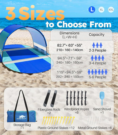 Rhino Valley Beach Tent with Double Zippered Doors, Beach Tent Sun Shelter with UPF50+ UV Protection, Beach Canopy Portable Storage Bag for Beach Camping Fishing, for 2-3 People