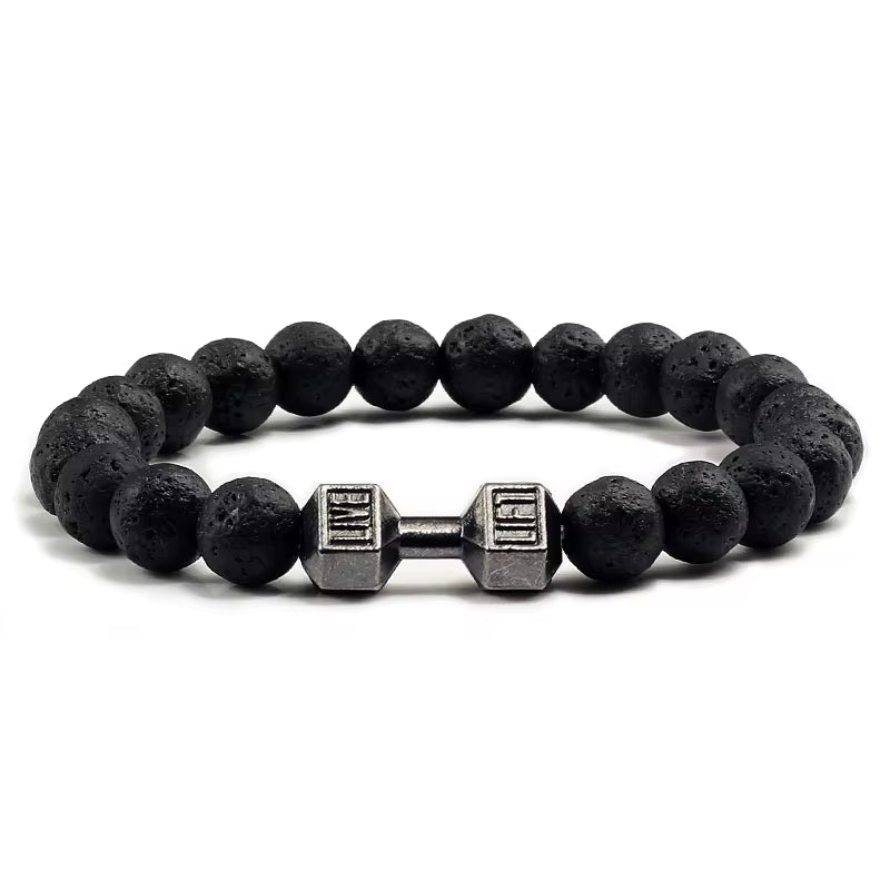 ForgeFit™ Volcanic Stone Fitness Bracelet / Natural Volcanic Stone Bracelet Men Matte Black Lave White Beads Charm Dumbbell Strand Bracelets Women Barbell Fitness Jewelry