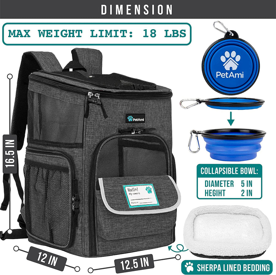 Petami Dog Backpack Carrier, Airline Approved 4-Way Entry Cat Backpack Carrier, Ventilated Mesh, Collapsible Pet Carrier for Small Puppy, Kitten, Hiking, Travel Car, Vet, up to 18 Lbs, Charcoal Gray