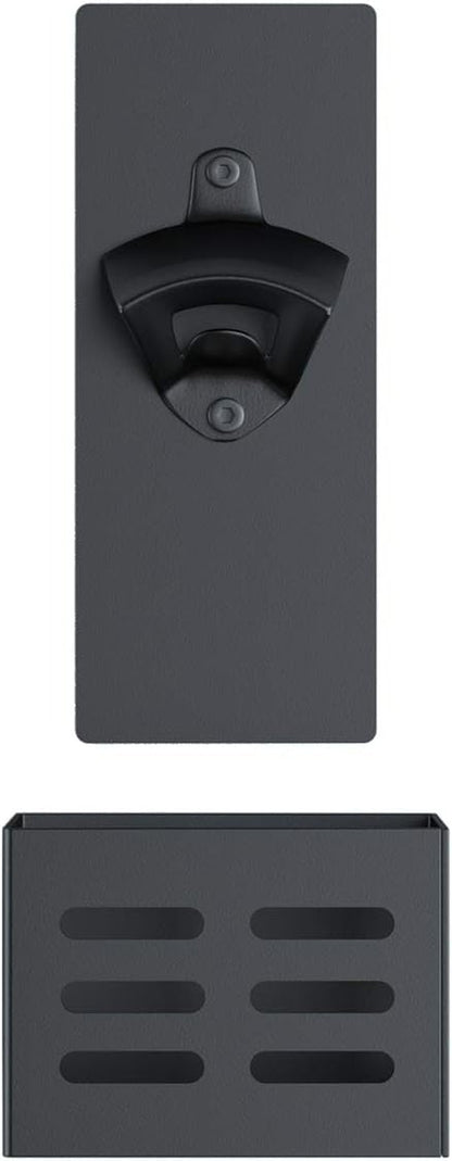 Magnetic Bottle Opener with Cap Catcher, Man Cave Accessories Removable Wall Mounted Beer Bottle Opener for Kitchen Fridge, Beer Gifts for Men (Black)