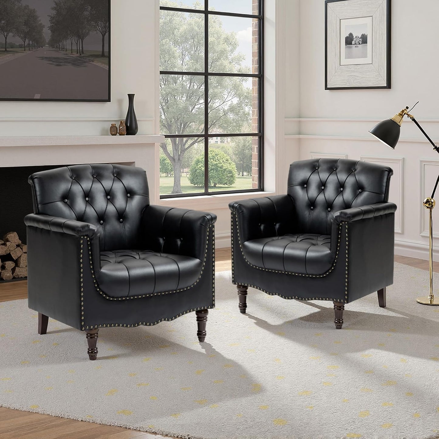 DREAMSIDEA Faux Leather Accent Chair, PU Leather Modern Comfy Upholstered Armchair with Wood Legs & Nailhead Trim for Living Room, Bedroom (Black,Set of 2)