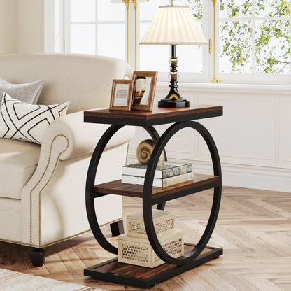 Narrow End Table with 3 Storage Shelves, Wood Side Table for Living Room