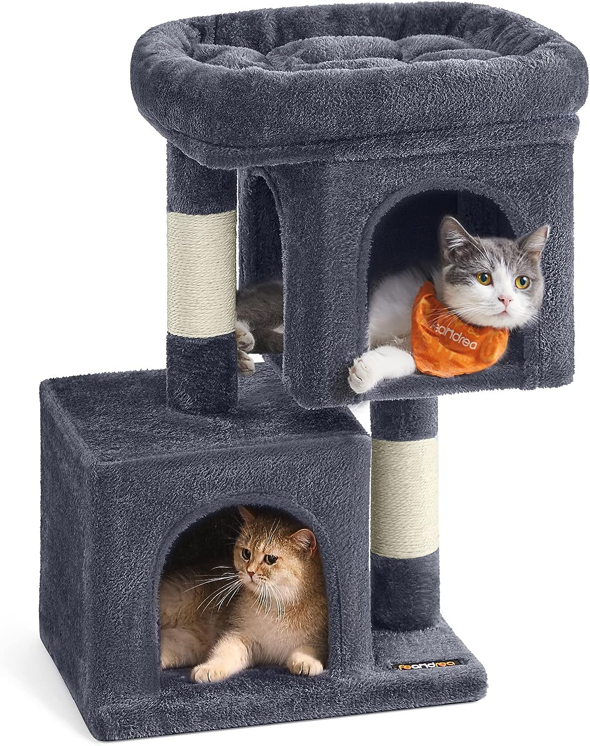 Feandrea Cat Tree, 33.1-Inch Cat Tower, Plush Condo for Large Cats up to 16 Lb, Large Perch, 2 Caves, Scratching Post, Light Gray UPCT61W