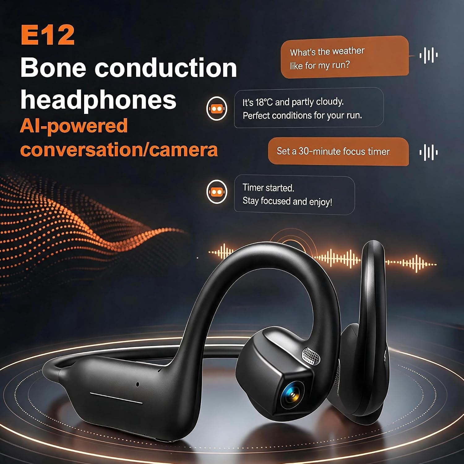 E12 Bone Conduction Headphones with Camera, Open-Ear, Comfort Fit, Hi-Fi | Hands-Free POV Camera, AI Translation & Smart Conversation, Wireless Bluetooth Sport Earphones with App for Running & Travel