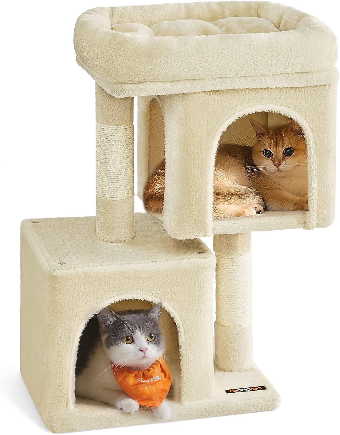 Feandrea Cat Tree, 33.1-Inch Cat Tower, Plush Condo for Large Cats up to 16 Lb, Large Perch, 2 Caves, Scratching Post, Light Gray UPCT61W