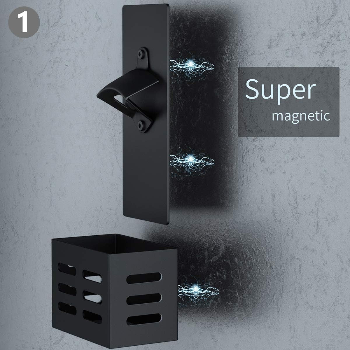 Magnetic Bottle Opener with Cap Catcher, Man Cave Accessories Removable Wall Mounted Beer Bottle Opener for Kitchen Fridge, Beer Gifts for Men (Black)