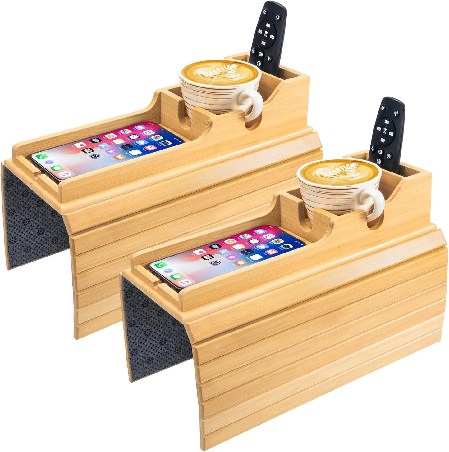 Yoshiky Bamboo Couch Armrest Table, Couch Arm Tray with Removable Couch Cup Holder, 2 in 1 Design Foldable Anti-Slip Bamboo Couch Tray and Sofa Cup Holder for Drink