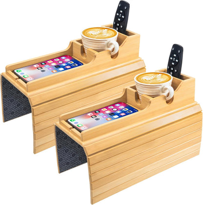 Yoshiky Bamboo Couch Armrest Table, Couch Arm Tray with Removable Couch Cup Holder, 2 in 1 Design Foldable Anti-Slip Bamboo Couch Tray and Sofa Cup Holder for Drink
