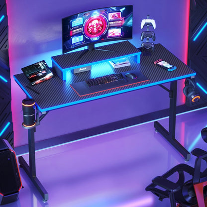 Bestier 42" Gaming Desk PC Computer Office Gamer Table Desk with LED Lights & Monitor Stand in Red