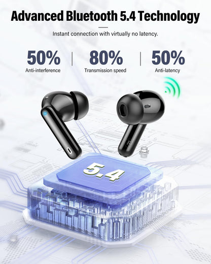 Wireless Earbuds, Bluetooth 5.4 Headphones Bass Stereo, Ear Buds with Noise Cancelling Mic, LED Display in Ear Earphones Clear Calls, IP7 Waterproof Bluetooth Earbuds for Phones/Sports/Laptop, Black
