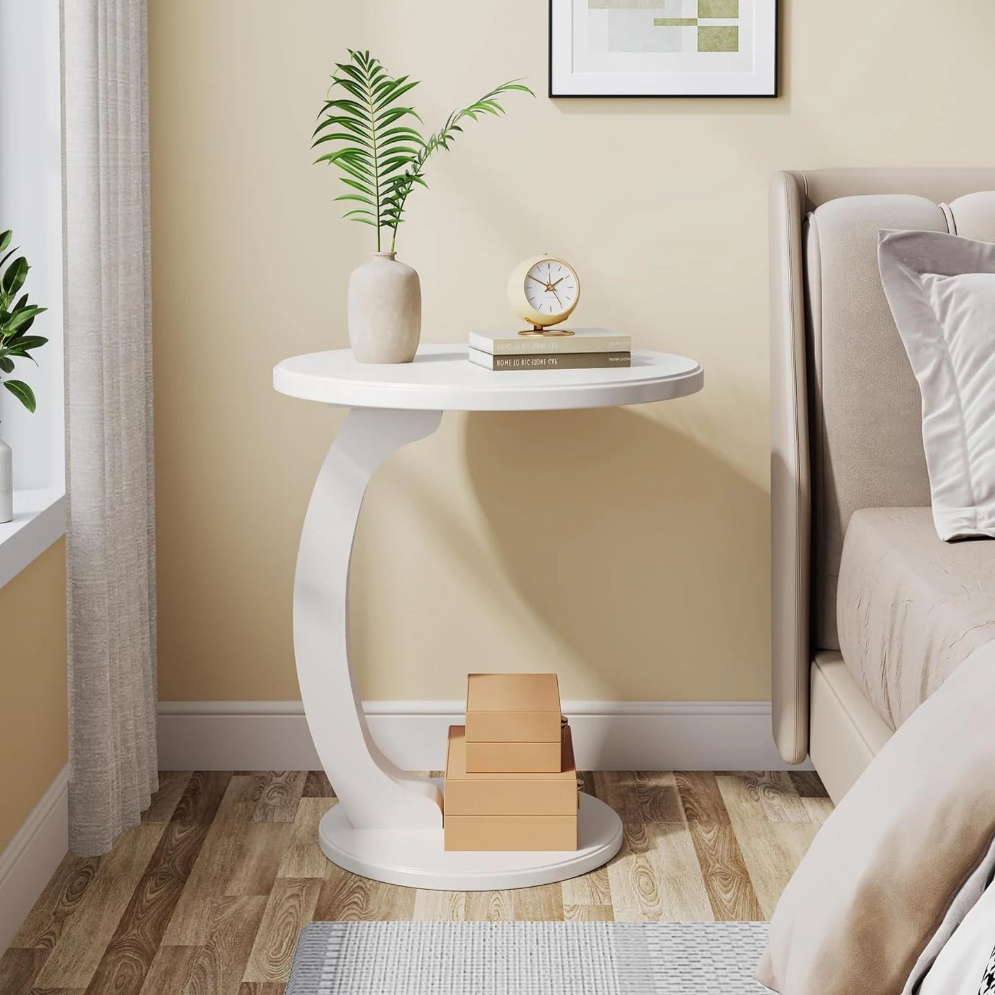 Solid Wood round End Table Mid Century C-Shaped Side Table for Living Room & Bedroom