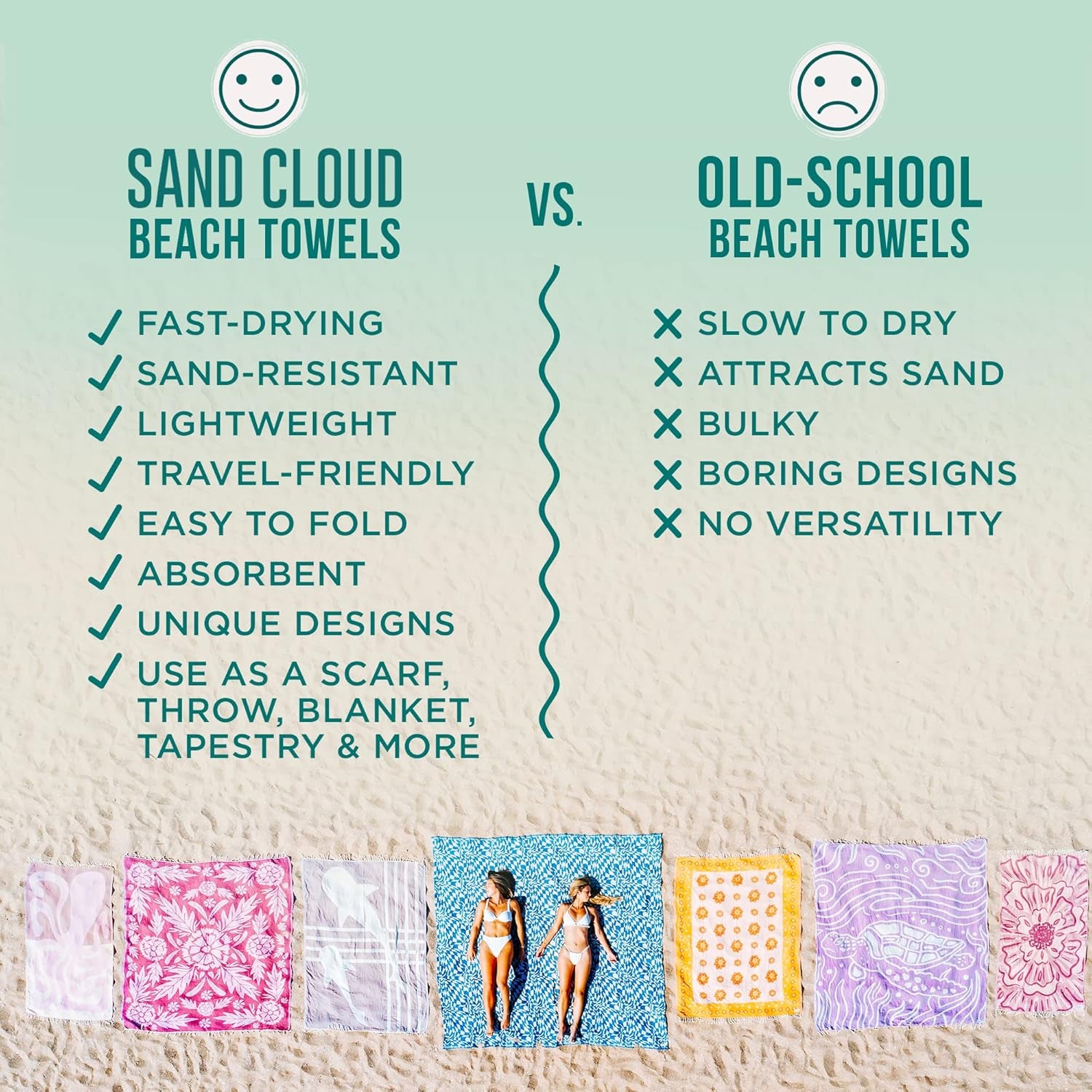 Sand Cloud Extra Large Turkish Beach Towel - Free 100% Organic Cotton Yarn Quick Dry for Beach, Picnic, Blanket or Bath as Seen on Shark Tank Marine Life (Crush Turtle Teal)