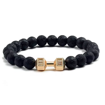 ForgeFit™ Volcanic Stone Fitness Bracelet / Natural Volcanic Stone Bracelet Men Matte Black Lave White Beads Charm Dumbbell Strand Bracelets Women Barbell Fitness Jewelry